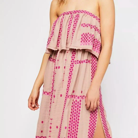 Free People | Dresses | Free People Pink And Tan Strapless Midi Dress |  Poshmark